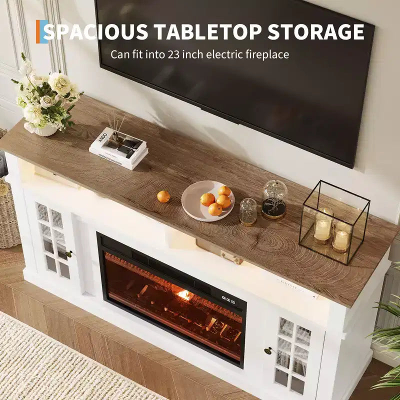Meuble TV compatible 70 pouces, Console multimédia 58 pouces, Meuble TV moderne effet bois avec lumières LED, Rangement avec portes en verre et étagères réglables