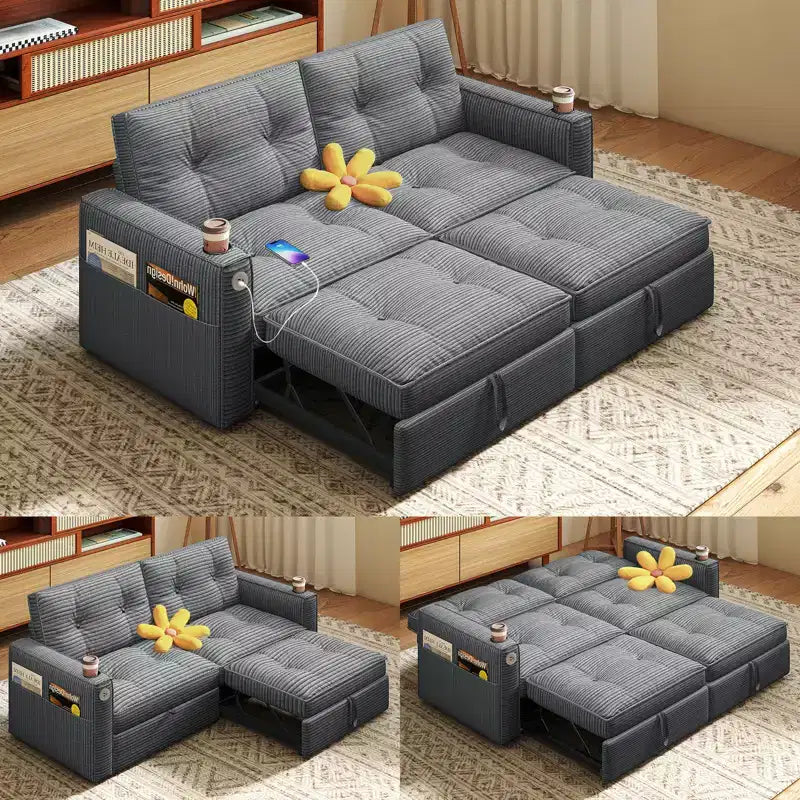 Canapé-lit causeuse Queen size 73" avec lit gigogne, poches et USB, petit canapé convertible moderne 2 places pour salon, gris