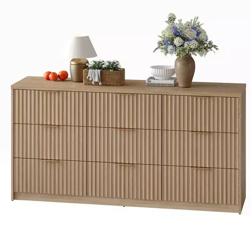 COZONY Commode cannelée à 8/9 tiroirs - Grand meuble de rangement en bois avec poignées métalliques et dispositif anti-basculement pour chambre à coucher, salon, couloir