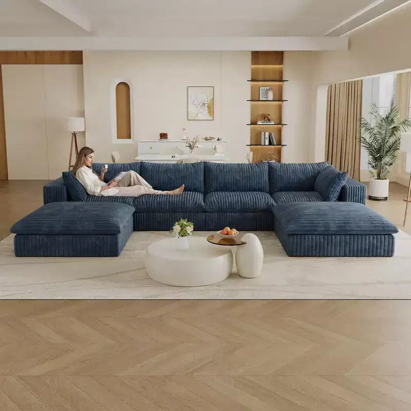 Canapé d'angle modulable en velours côtelé blanc de 4 m avec 2 poufs, grand canapé profond, design double couche, coussin amovible, aucun assemblage requis.