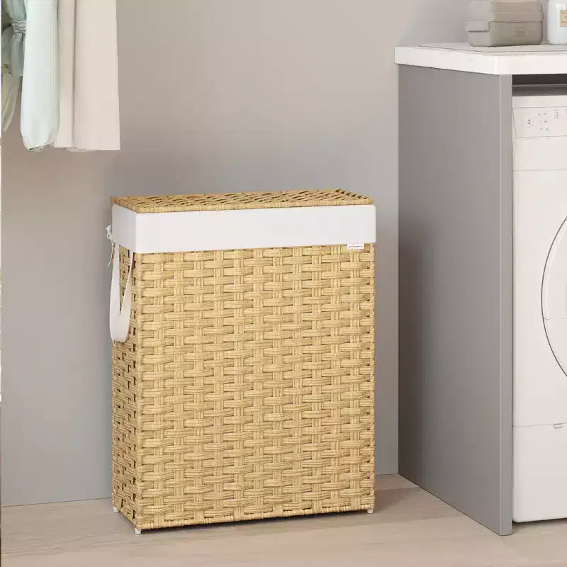 Panier à linge fin de 55 litres avec couvercle, en rotin, pliable, avec couvercle et poignées, doublure amovible