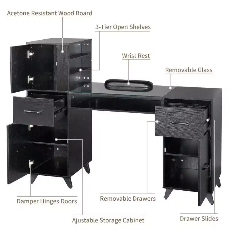 Table de manucure Karlhome noire 55 pouces L x 19 pouces l x 44 pouces H, bureau de salon moderne avec plateau en verre et coussin de poignet