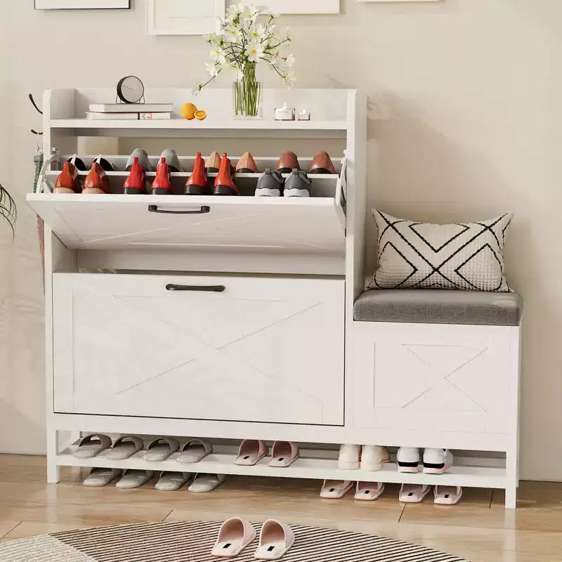 Meuble à chaussures avec banc, Meuble de rangement à chaussures étroit et mince de style rustique avec 2 tiroirs basculants pour entrée, salon, couloir