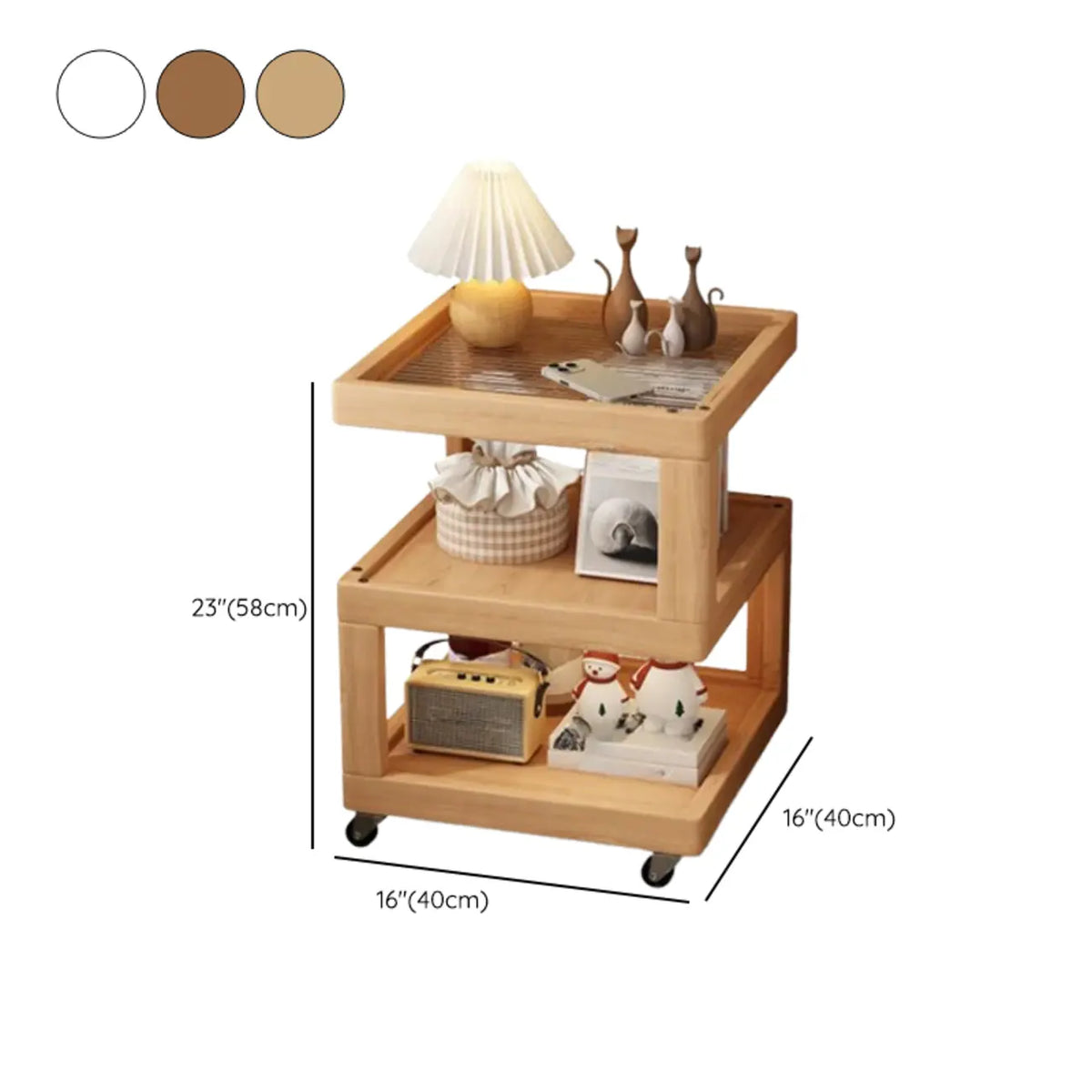 Dessus de table de rangement en bois de noyer à 3 niveaux avec roulettes