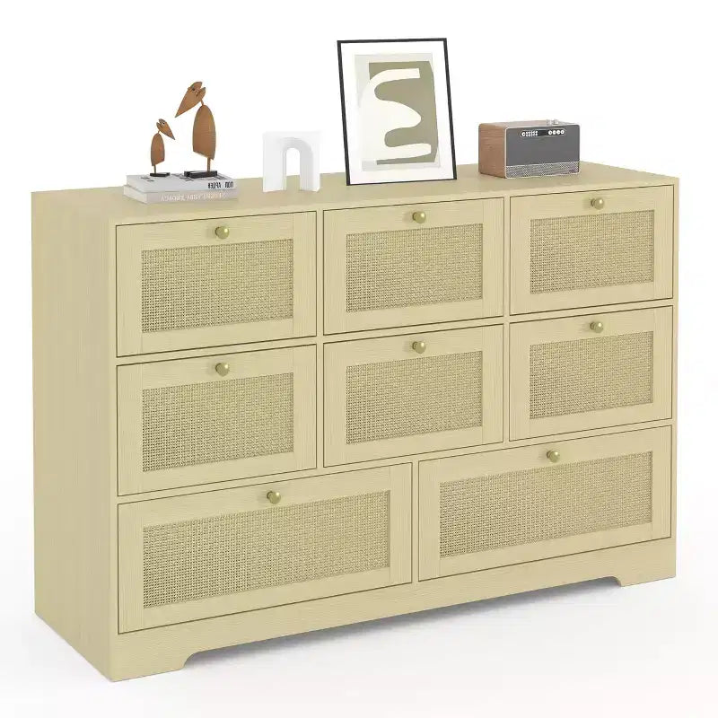 Commode 8 tiroirs CuisinSmart, armoire de rangement en rotin avec cadre en MDF, commode pour chambre à coucher, salon, entrée