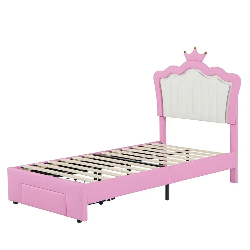 Cadre de lit double rembourré avec lumières LED, lit de princesse moderne rembourré avec tête de lit en forme de couronne, un tiroir, rose+blanc
