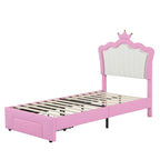 Cadre de lit double rembourré avec lumières LED, lit de princesse moderne rembourré avec tête de lit en forme de couronne, un tiroir, rose+blanc