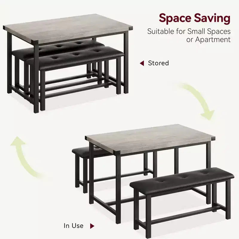 Ensemble table à manger pour 4, table de cuisine avec bancs, ensemble table de salle à manger rectangulaire avec 2 bancs rembourrés, ensemble table à manger 3 pièces pour petits espaces