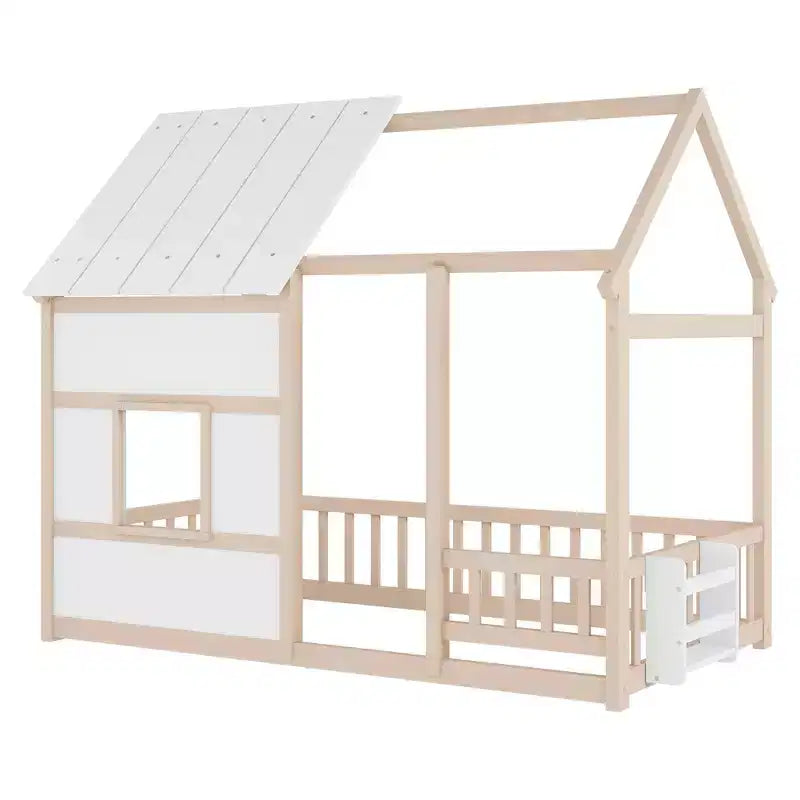 Cadre de lit au sol Whisen Twin Size, lit en forme de maison avec toit, clôture