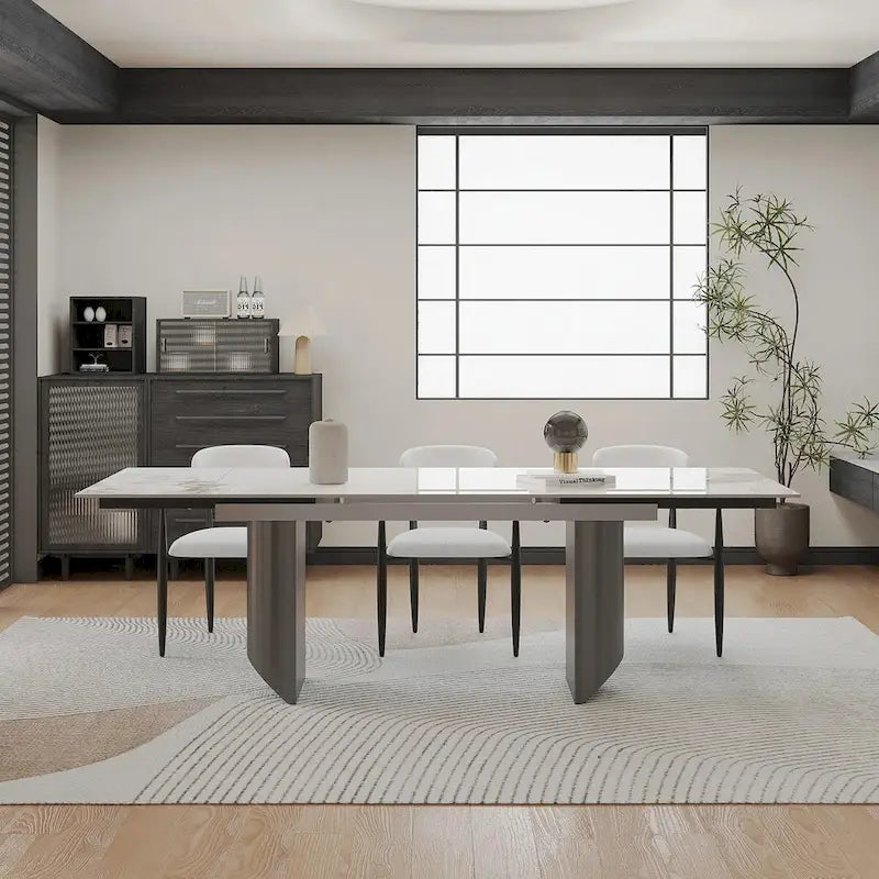 Ensemble de salle à manger extensible moderne et minimaliste 9 pièces 94.48 avec plateau en pierre frittée et double piédestal, avec 8 chaises en tissu