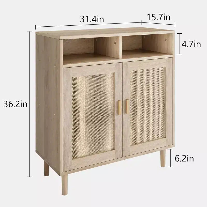 Meuble d'appoint moderne en rotin de 91 cm - Buffet de rangement à 2 portes avec étagère, meuble TV bohème et bar à café pour salle à manger, cuisine et entrée