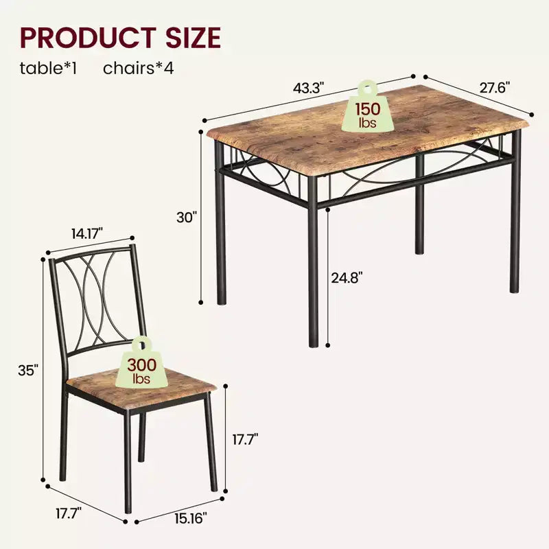 Table et chaises de cuisine, Ensemble de table à manger pour 4 avec chaises, Table à manger rectangulaire en métal et bois pour petits espaces, Appartement