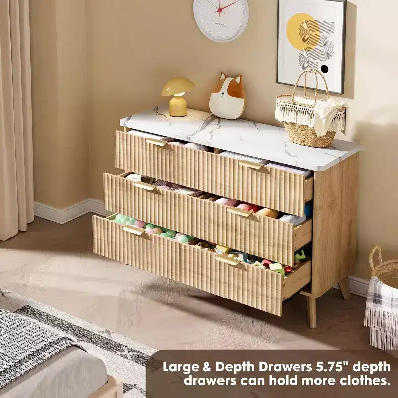 Commode 6 tiroirs pour chambre à coucher, commode de 120 cm de large avec profil incurvé, tiroirs en bois cannelé, commode moderne pour salon