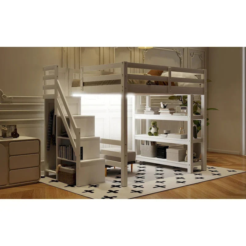 Lit mezzanine simple/double avec escalier de rangement - Étagères, armoire et lumière LED, design peu encombrant