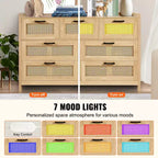 Commode 7 tiroirs en rotin VEVOR, commodes en bois de rotin naturel avec lumière LED, organisateur de vêtements et rangement de poitrine en bois moderne, commode bohème, couleur bois