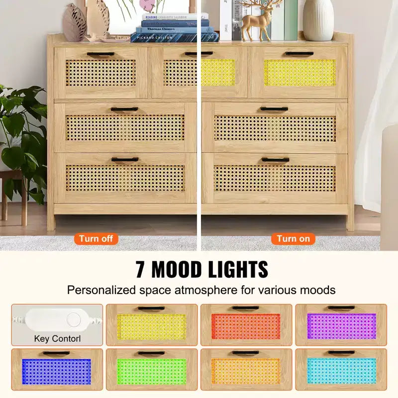Commode 7 tiroirs en rotin VEVOR, commodes en bois de rotin naturel avec lumière LED, organisateur de vêtements et rangement de poitrine en bois moderne, commode bohème, couleur bois