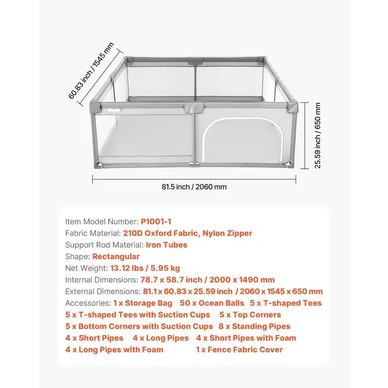 Parc pour bébé VEVOR, grand parc de jeux pour tout-petits de 199,9 x 149,1 cm, parc pour bébé intérieur/extérieur, 50 balles océaniques, porte et filet zippés, gris