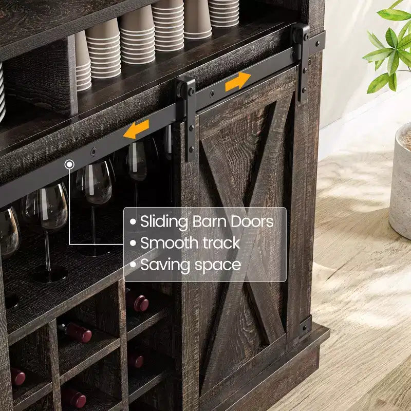 Meuble à café style ferme, 75 pouces de haut, buffet avec rangement, grand meuble de bar avec porte coulissante de style grange, salle à manger