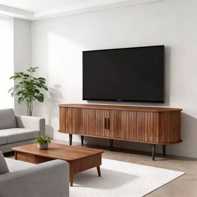 JVNOXK 55 Table de Console TV Moderne avec Compartiment de Rangement et Porte Coulissante - Meuble TV-Hifi Noyer pour Salon, Chambre, Bureau