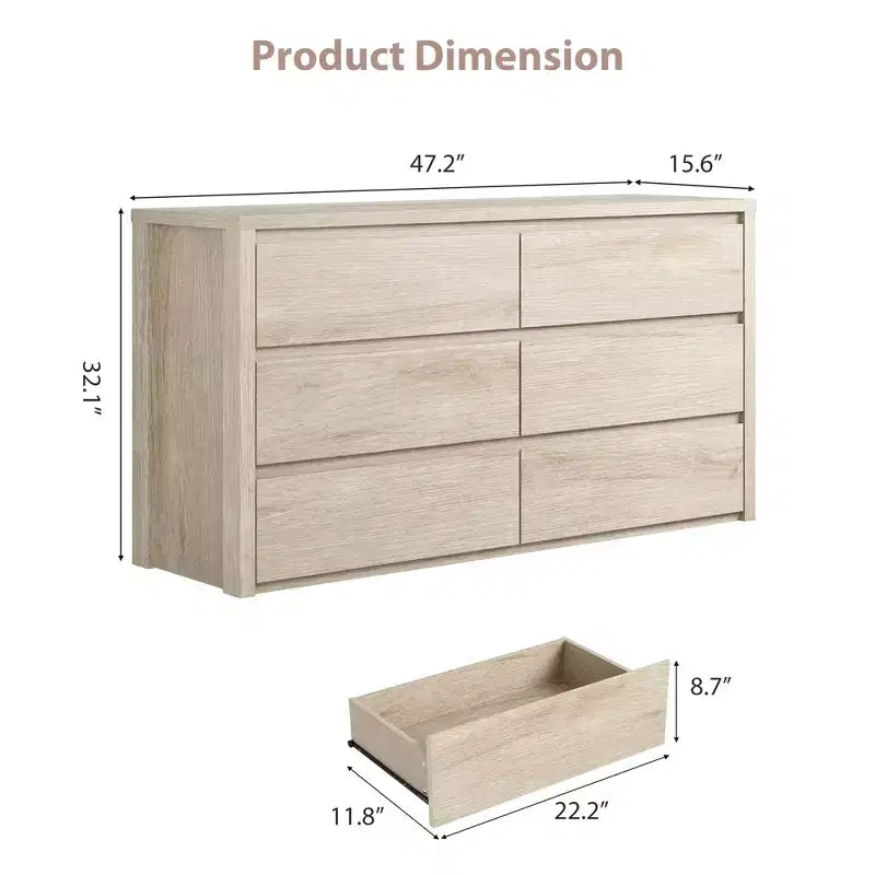 Commode large en bois à 6 tiroirs - Meuble de rangement moderne sans poignée pour chambre, salon, couloir et entrée, grande commode.