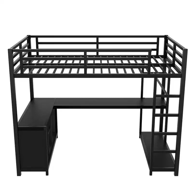 Lit mezzanine en métal Queen Bellemave avec bureau en L et armoire, lit mezzanine peu encombrant avec étagères de rangement et garde-corps, noir