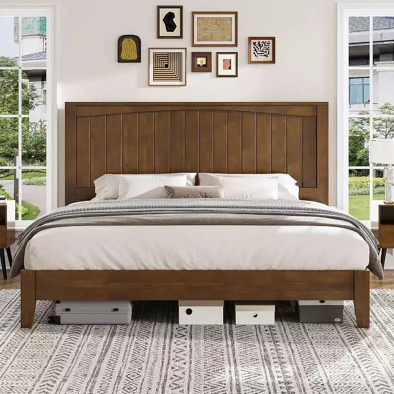 Cadre de lit en bois massif AMERLIFE, lit plateforme de style Mid-Century avec tête de lit à lignes arquées