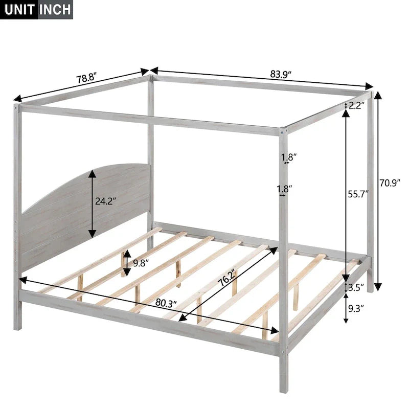 Lit plateforme à baldaquin King Size en pin avec tête de lit classique en bois, cadre de lit rembourré, aucun sommier tapissier requis, montage facile