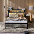 Cadre de lit Bestier Queen/Full en tissu, plateforme de lit LED, tête de lit de rangement avec étagères pliantes et station de charge