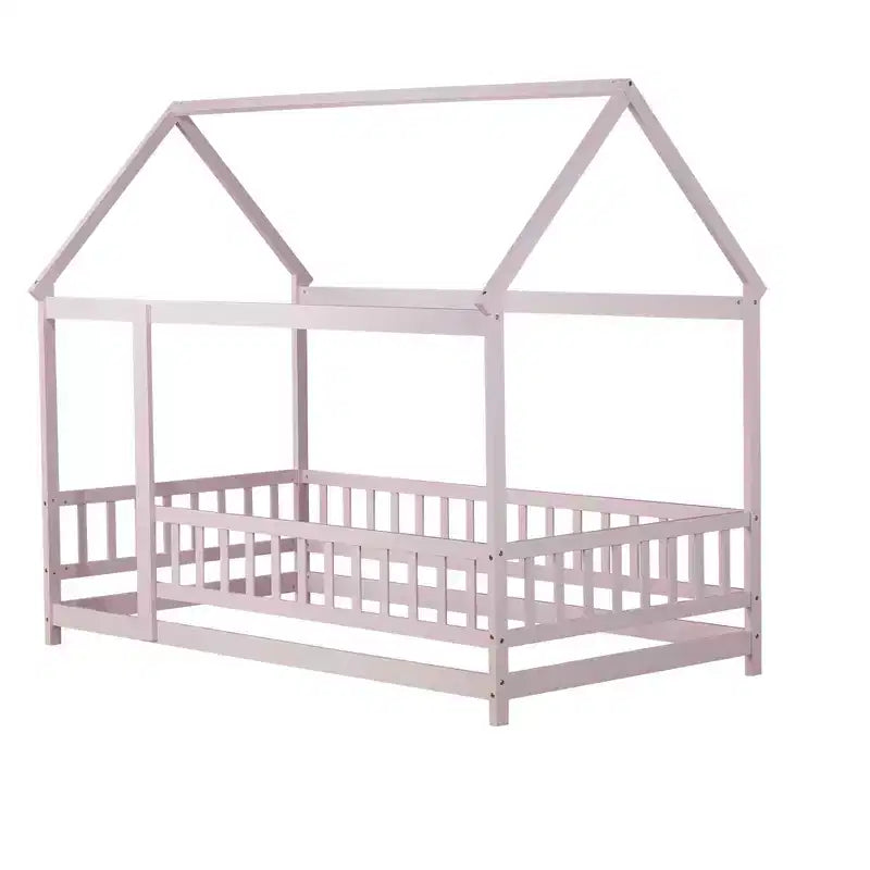 Lit au sol une place Luxystar de style cabane avec cadre de toit et clôture