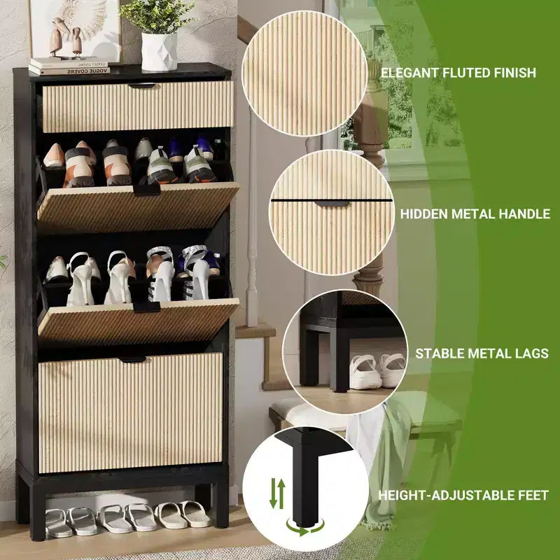 Meuble à chaussures GustoWave avec 3 portes basculantes et 1 tiroir, Étagère à chaussures en bois avec pieds en fer, Meuble de rangement à chaussures étroit, Organisateur de chaussures moderne avec cannelures