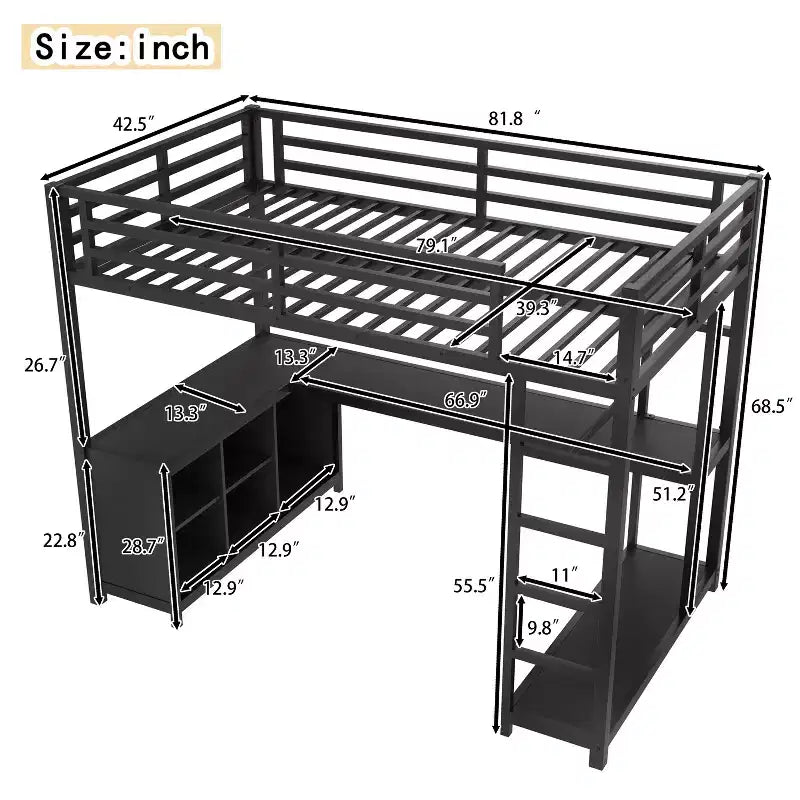 Lit mezzanine en métal Queen Bellemave avec bureau en L et armoire, lit mezzanine peu encombrant avec étagères de rangement et garde-corps, noir