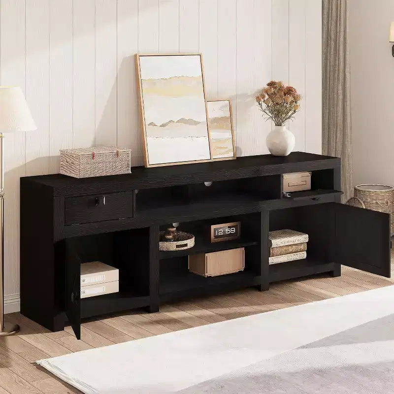 Meuble TV de Ferme pour Téléviseur Jusqu'à 80 Pouces, Long Meuble Télé avec 4 Tiroirs de Rangement et 3 Étagères Ouvertes pour Salon, Chambre - Noir