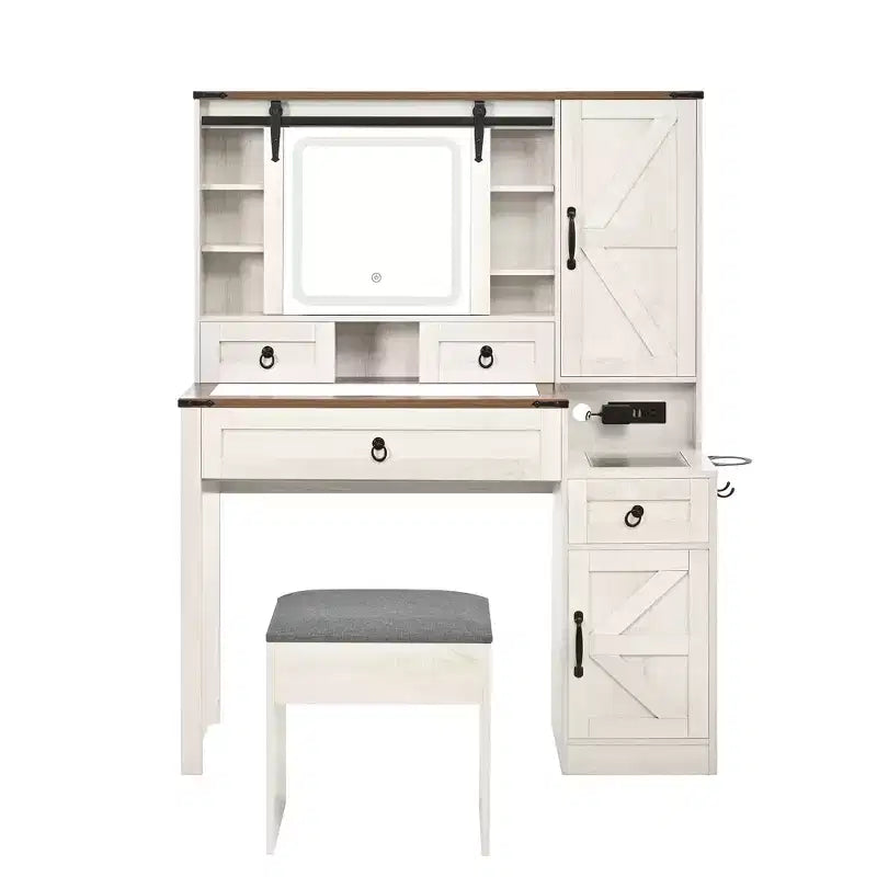 Coiffeuse de ferme avec miroir coulissant à LED, 4 tiroirs et 2 armoires, station de charge, plateau en verre et armoire latérale pour chambre à coucher