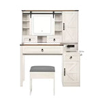 Coiffeuse de ferme avec miroir coulissant à LED, 4 tiroirs et 2 armoires, station de charge, plateau en verre et armoire latérale pour chambre à coucher