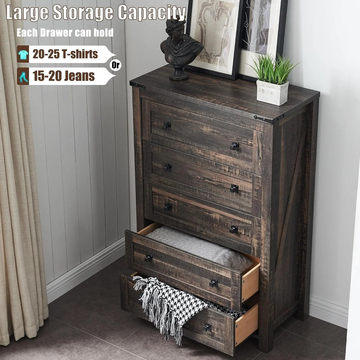 Commode en bois de style campagnard, 5 tiroirs, 122 cm de hauteur, pour chambre à coucher