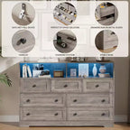 Commode en bois à 7 tiroirs avec station de recharge USB et lumières LED - Coiffeuse moderne avec 2 niches ouvertes pour chambre à coucher, salon, placard ou chambre d'enfant