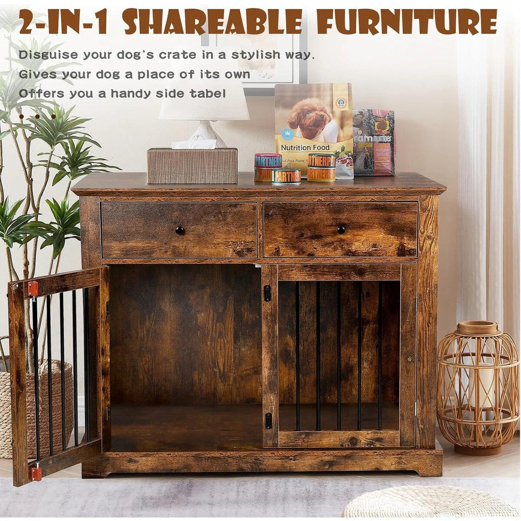 BOSSIN Cage pour Grand Chien de 112 cm, Meuble de Chenil en Bois avec Tiroirs de Rangement, Niche Décorative pour Animaux de Compagnie