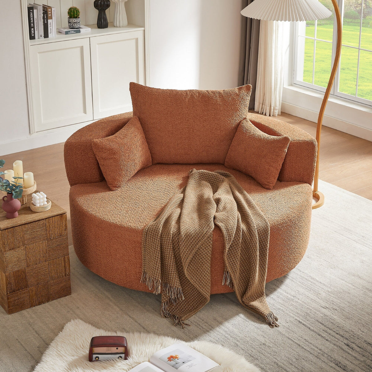 Fauteuil baril accent en chenille, Fauteuil de salon, Fauteuil rond avec base pivotante à 360 degrés et 3 coussins amovibles