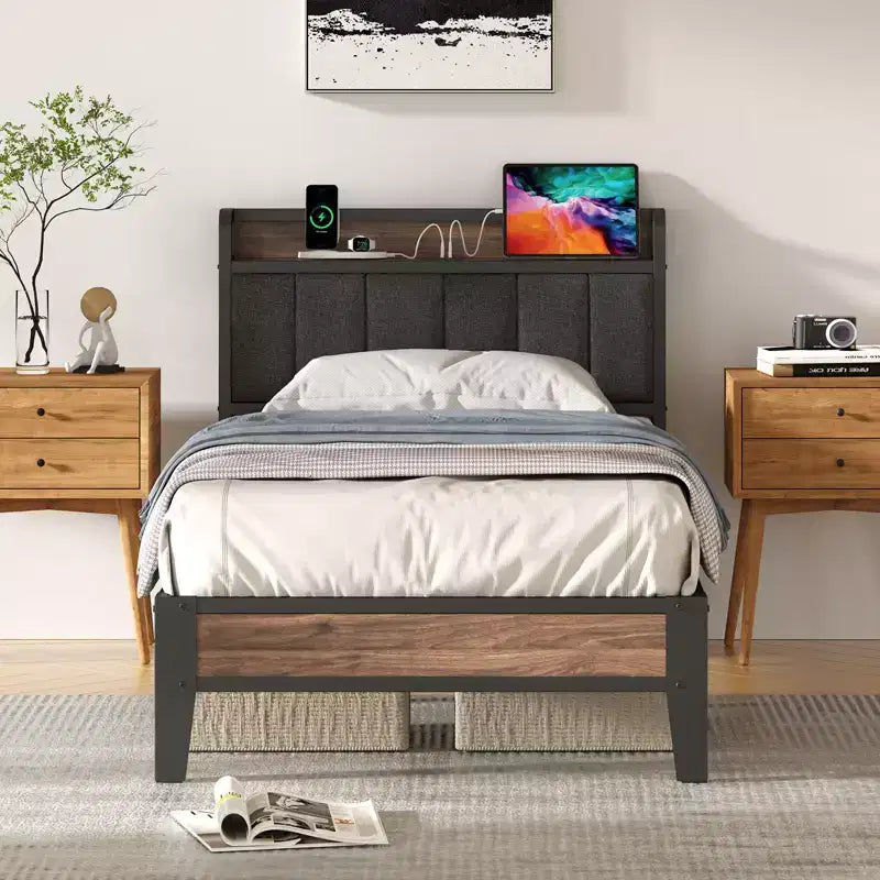 Lusimo Cadre de lit Twin XL, Lit plateforme rembourré avec tête de lit de rangement et station de charge