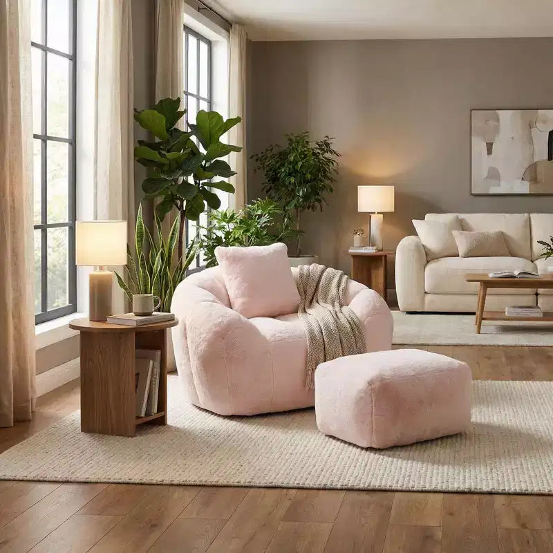 Fauteuil d'appoint en tissu Teddy Plush FurnitureR avec pouf, ensemble fauteuil de salon confortable et ottoman pour salon, chambre ou coin lecture