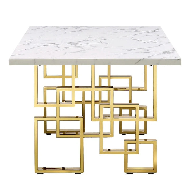 Table de salle à manger de luxe en faux marbre blanc avec plateau de 78 pouces et base en métal