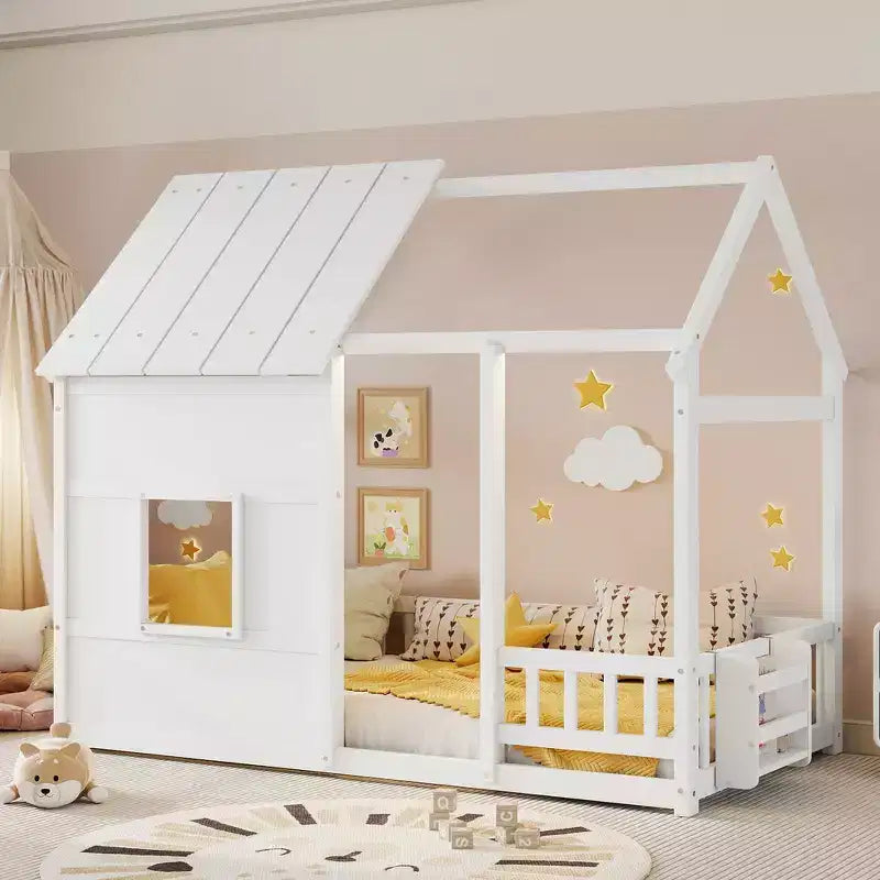 Cadre de lit au sol Whisen Twin Size, lit en forme de maison avec toit, clôture