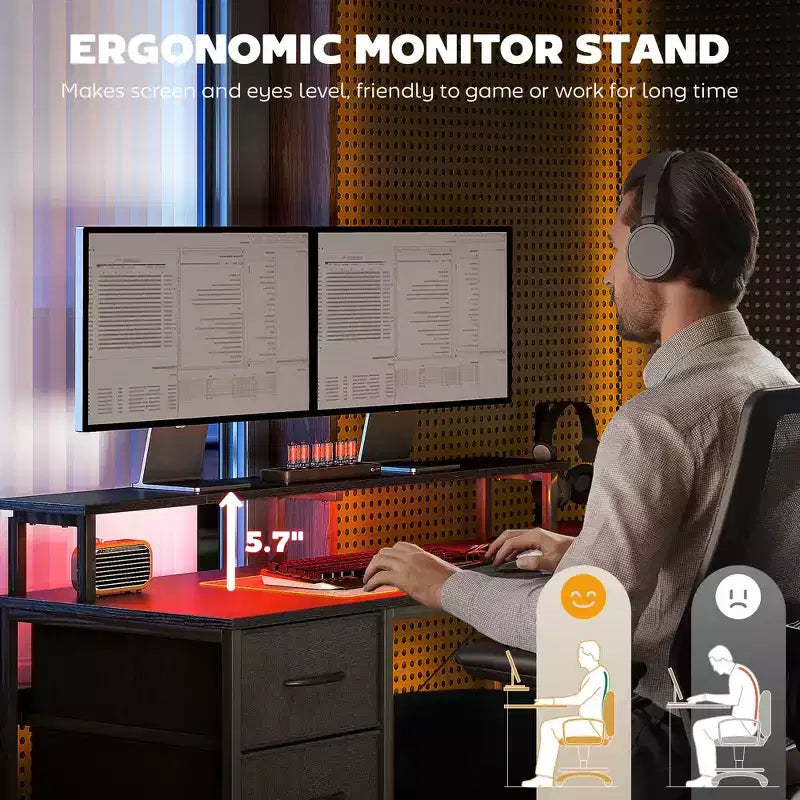 HOMCOM Bureau réversible en L de 167 cm avec tiroir-classeur, bureau double de 266 cm avec prise de courant et lumière LED, étagère pour écran et support CPU