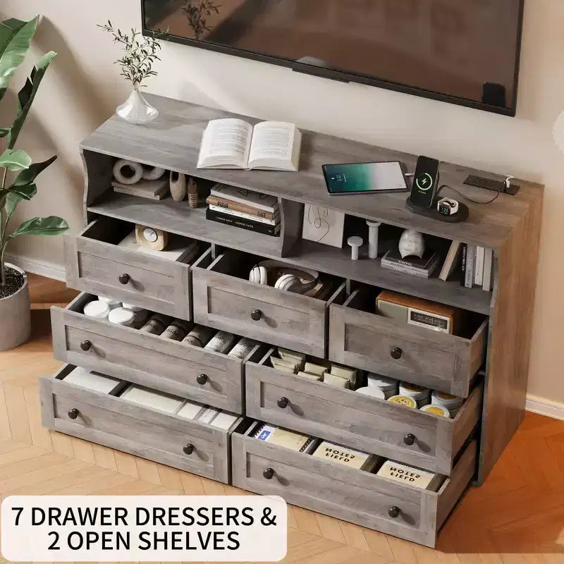 Commode en bois à 7 tiroirs avec station de recharge USB et lumières LED - Coiffeuse moderne avec 2 niches ouvertes pour chambre à coucher, salon, placard ou chambre d'enfant