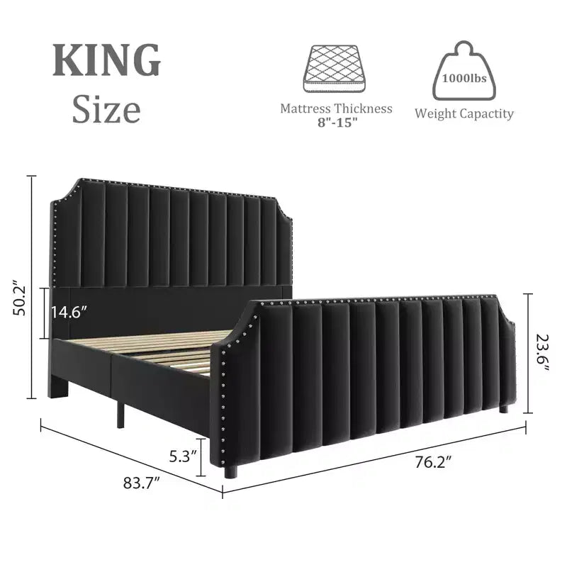 Cadre de lit en velours, tête et pied de lit matelassés à rayures verticales avec rivets, lit plateforme rembourré, lattes en bois robustes