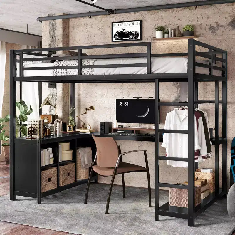 Lit mezzanine en métal Queen Bellemave avec bureau en L et armoire, lit mezzanine peu encombrant avec étagères de rangement et garde-corps, noir