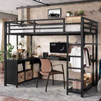 Lit mezzanine en métal Queen Bellemave avec bureau en L et armoire, lit mezzanine peu encombrant avec étagères de rangement et garde-corps, noir