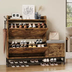 Meuble à chaussures avec banc, Meuble de rangement à chaussures étroit et mince de style rustique avec 2 tiroirs basculants pour entrée, salon, couloir