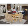 HomeStock Belmont Table de salle à manger ovale 7 pièces 42/60 avec rallonge papillon de 18 po et 6 chaises Parson avec pieds finition chêne et tissu lin - Couleur kaki foncé