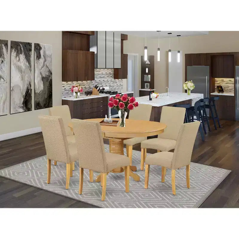 HomeStock Belmont Table de salle à manger ovale 7 pièces 42/60 avec rallonge papillon de 18 po et 6 chaises Parson avec pieds finition chêne et tissu lin - Couleur kaki foncé